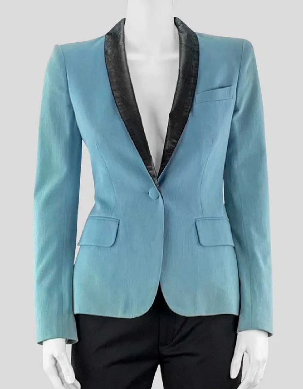 A.L.C. Blue Blazer With Blacker Leather Trim - Petite Women's Luxury Jacket