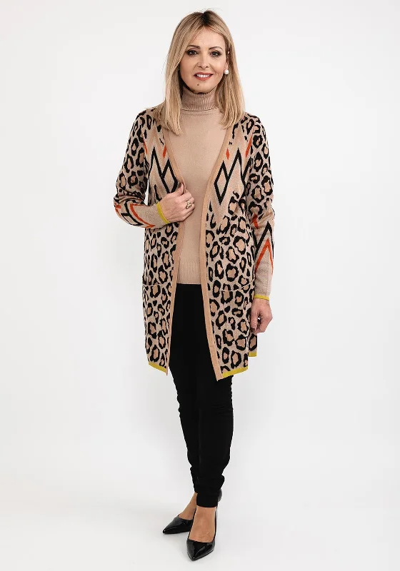 I’cona Mix Animal Print Long Open Cardigan, Camel Multi Herringbone Houndstooth Plaid Herringbone Houndstooth Plaid