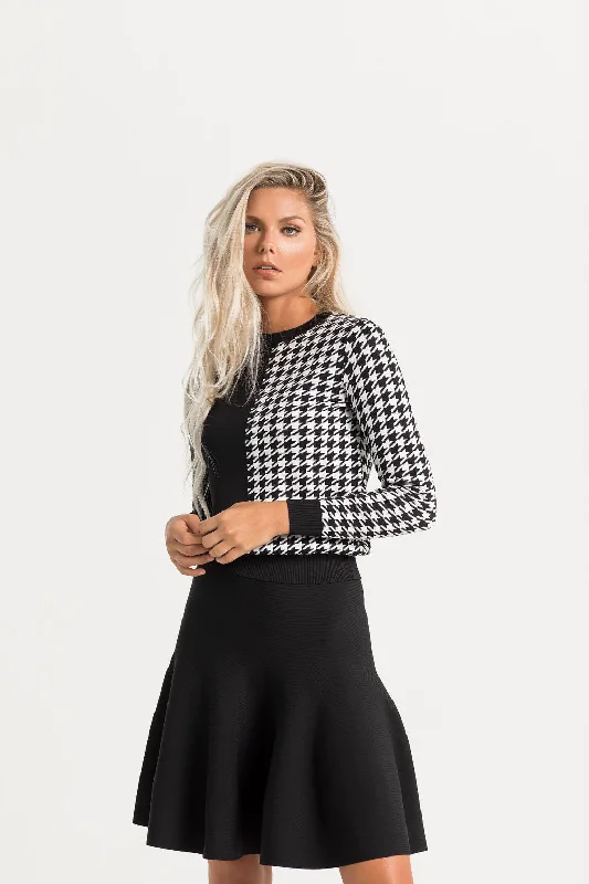 Houndstooth Knit Top Round Neck Knit Blouse