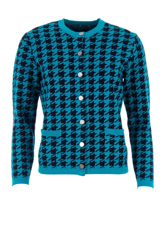 Castle of Ireland Houndstooth Button Up Cardigan, Blue Striped Floral Plaid Striped Floral Plaid