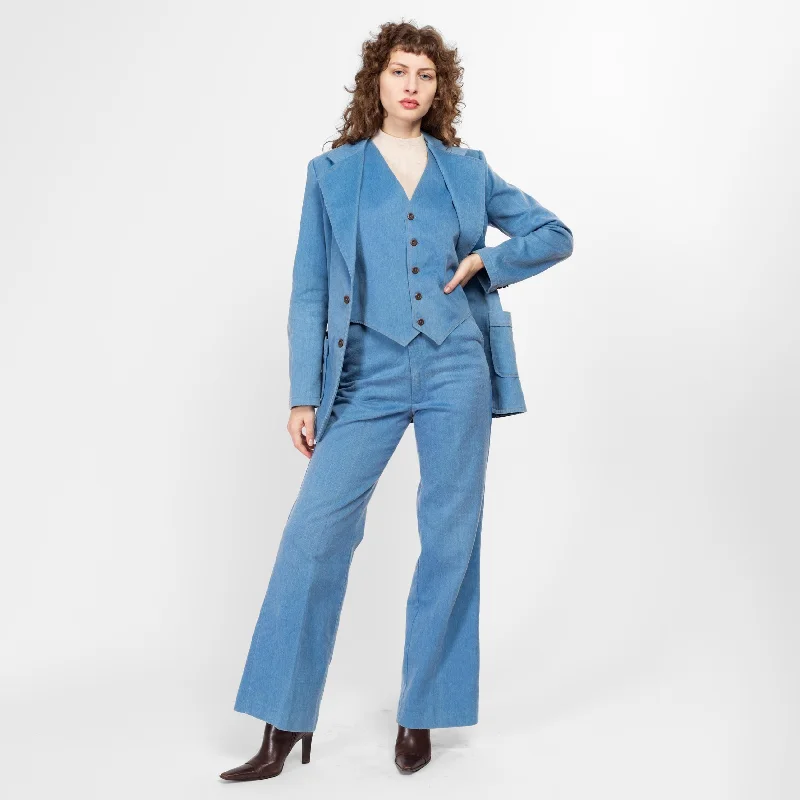 Sm-Med 70s Blue Denim Blazer Vest & Pant Suit Set Women's Premium Blazer