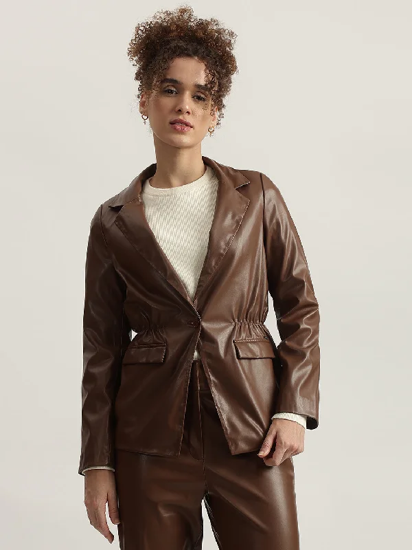 Iconic Women Brown Solid Notched Collar Full Sleeves Single Breasted Blazer Women's Warm Suit