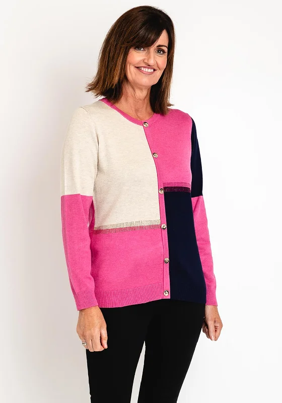 Natalia Collection Colour Block Knit Cardigan, Pink Handmade Hand-knitted Hand-woven Handmade Hand-knitted Hand-woven