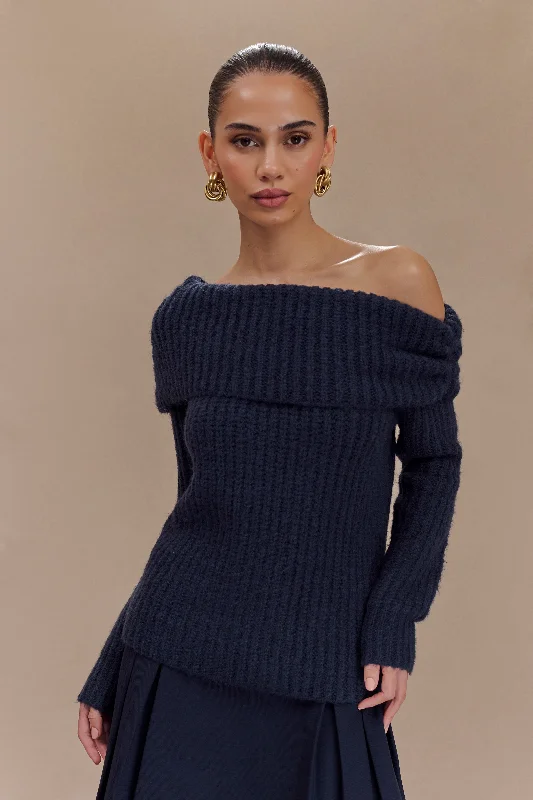 Alicia Off Shoulder Knit Top - Dark Navy Trendy Knit Top