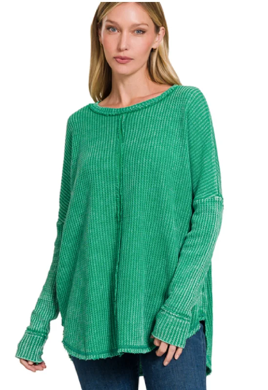 DOOR BUSTER: Kelly Green Waffle Knit Top Pure White Knit Blouse