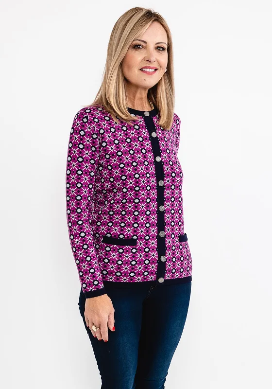 Castle of Ireland Geo Pattern Knit Cardigan, Purple Print Jacquard Patchwork Print Jacquard Patchwork