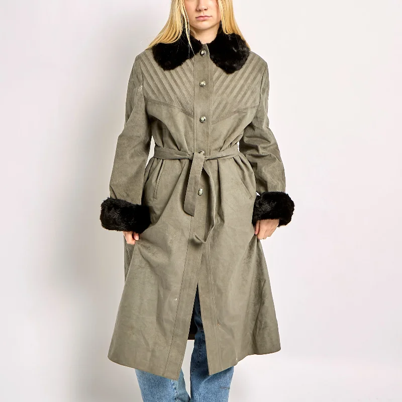 Fur Trimmed Long Suede Coat With Ornate Buttons - L Houndstooth Coat Plaid Coat Tartan Coat Fur Trimmed Long Suede Coat With Ornate Buttons - L Houndstooth Coat Plaid Coat Tartan Coat
