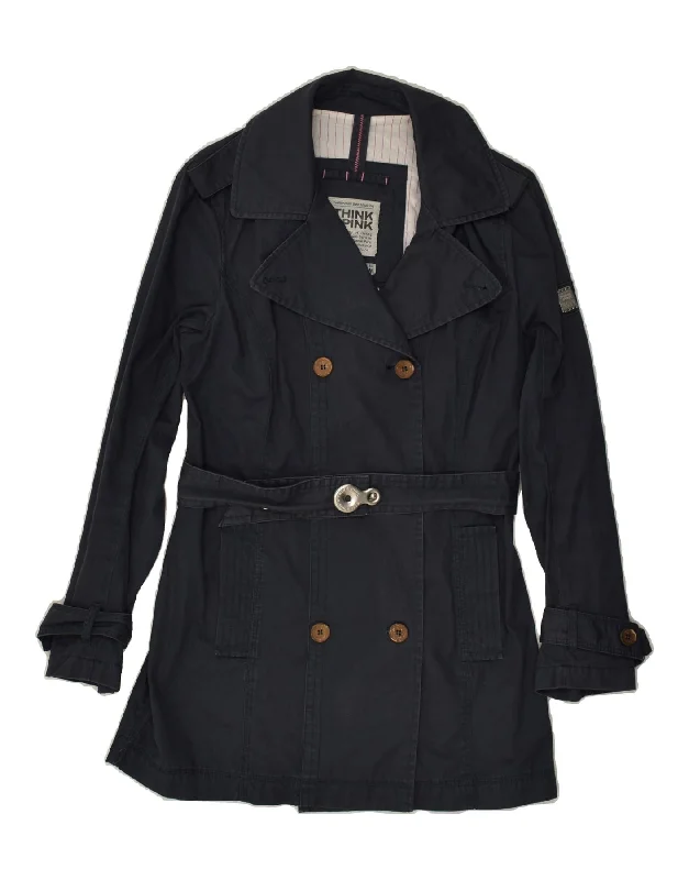 THINK PINK Womens Double Breasted Trench Coat UK 14 Medium  Navy Blue Front Pockets Side Pockets Patch Pockets