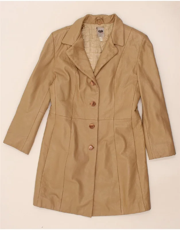 VINTAGE Womens Leather Coat UK 8 Small Beige Leather Cuffed Rolled Raglan