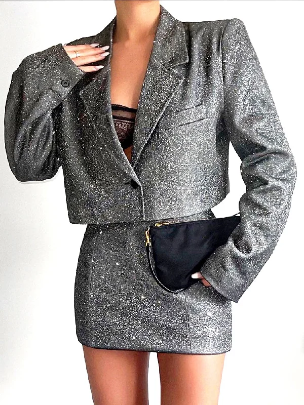 Glitter Skirt Sets Women Blazer Suits Double Layer Elegant Two Piece Sets Women's Trench Blazer