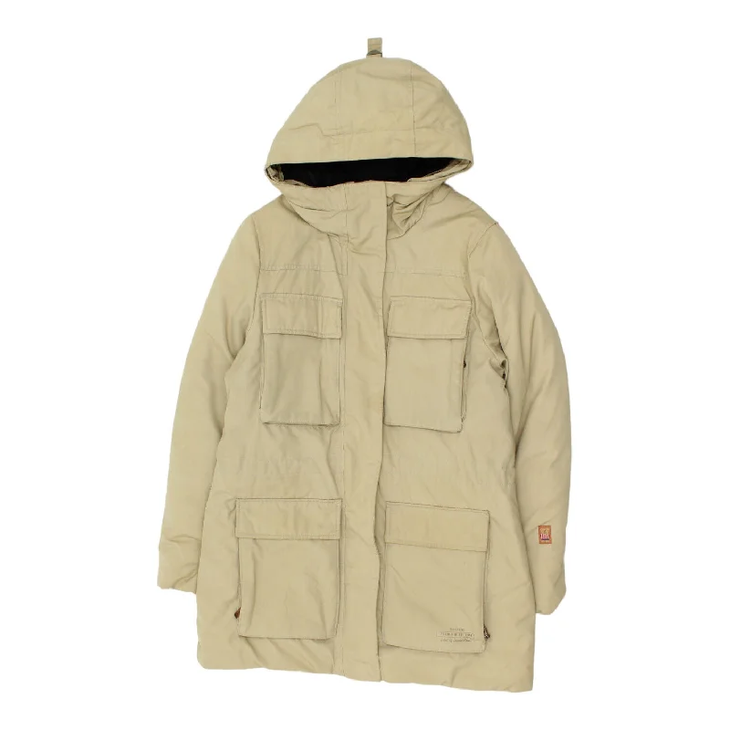 Label Of Graded Goods H&M Womens Beige Hooded Padded Coat | Vintage Designer VTG Shawl Collar Notch Collar Lapel Collar Label Of Graded Goods H&M Womens Beige Hooded Padded Coat | Vintage Designer VTG Shawl Collar Notch Collar Lapel Collar