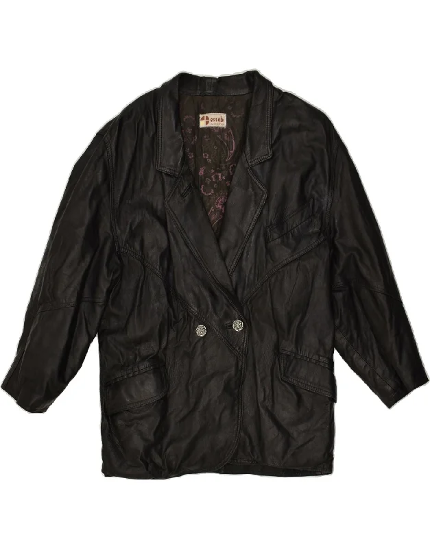 VINTAGE Womens Double Breasted Leather Coat UK 16 Large Black Leather Tweed Herringbone Houndstooth