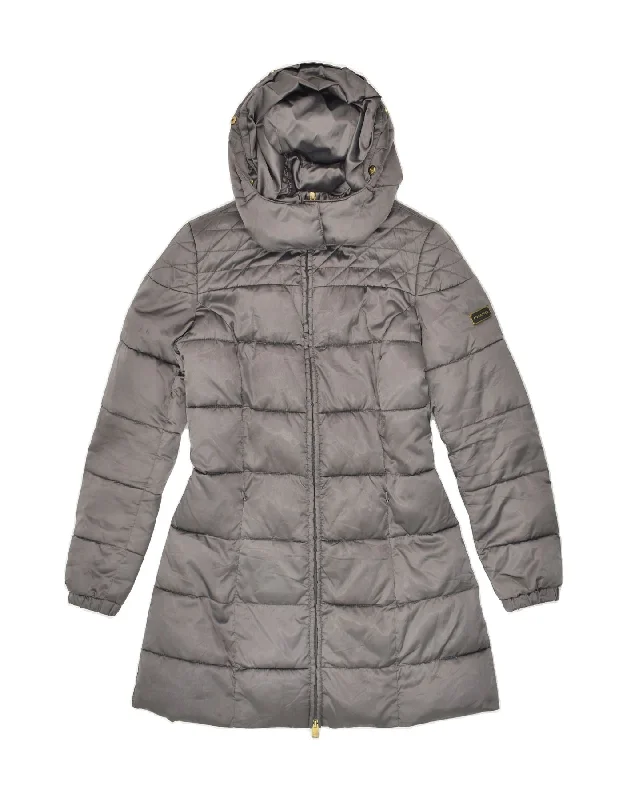 PHARD Womens Hooded Padded Coat UK 6 XS Grey Polyamide Hook-and-Loop Buckled Tied