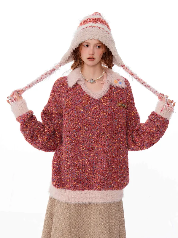 Christmas Mixed Color Wool Mix Polo V-Neck Knit Top ZIZ0203 Travel Knit Top