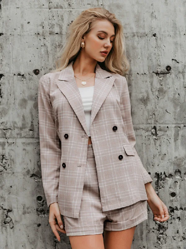 Two-piece blazer women suits Double breasted plaid casual female blazer shorts set Elegant office ladies blazers sets Women's Stripe Blazer