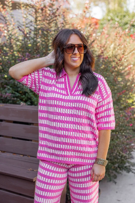 Squared Up Pink Knit Top Short Sleeve Knit Top