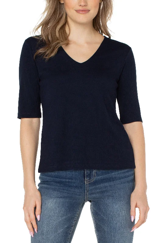 Liverpool's Double Layer V Neck 1/2 Sleeve Rib Knit Top (dark navy) One Shoulder Knit Shirt Liverpool's Double Layer V Neck 1/2 Sleeve Rib Knit Top (dark navy) One Shoulder Knit Shirt