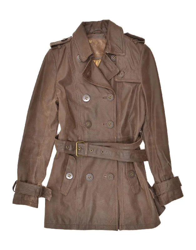 VINTAGE Womens Belted Leather Coat UK 6 XS Brown Asymmetrical Diagonal princess