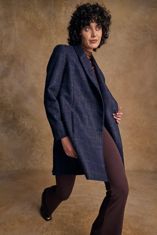 Robin Tweed Coat - Navy Windowpane Tie-Waist Belted Drawstring