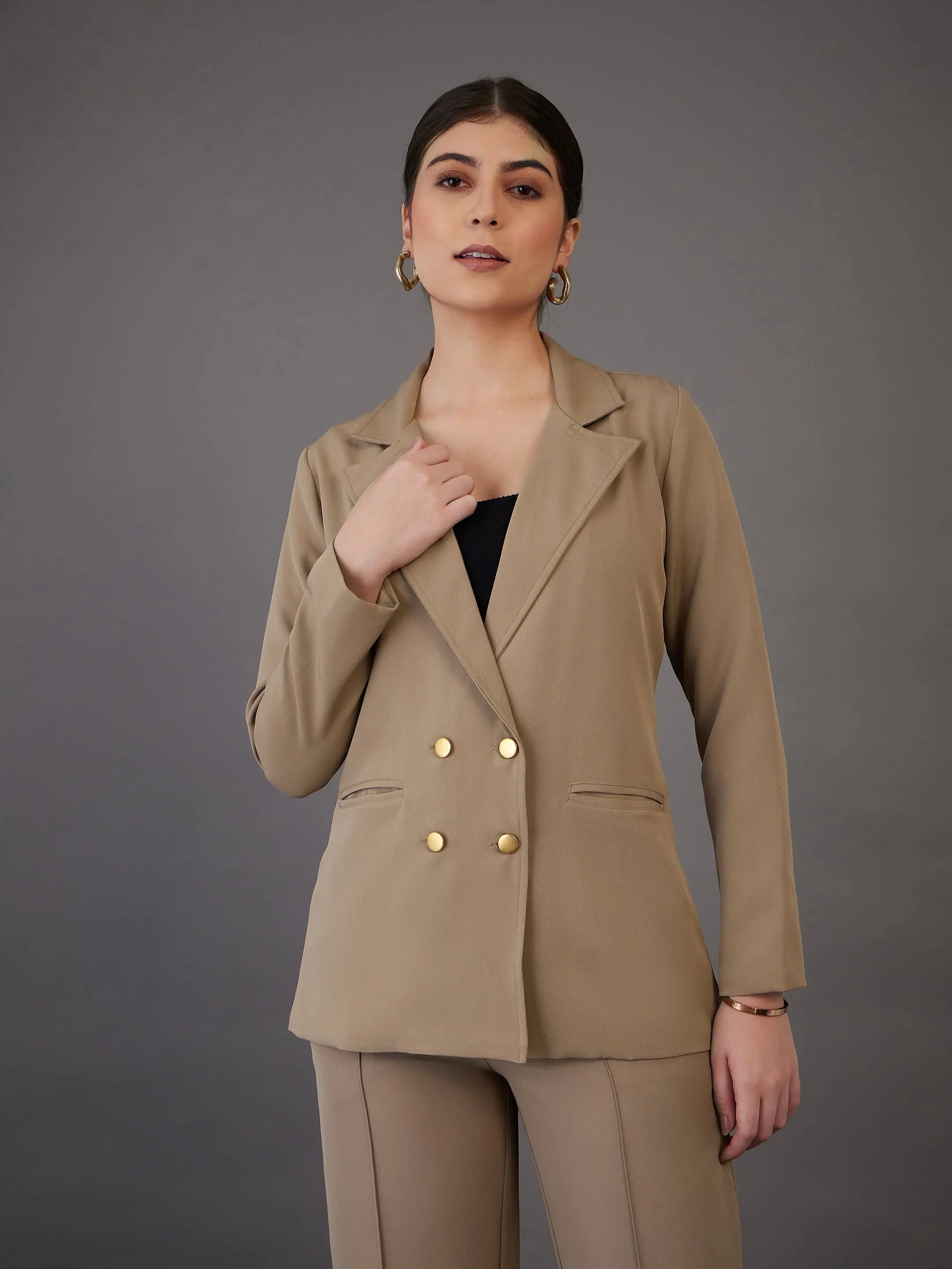 Women Beige Double-Breasted Blazer Women's Vintage Suit