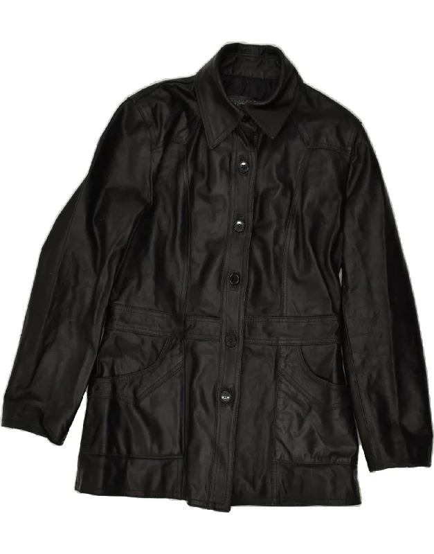 BAYSIDE Womens Leather Coat UK 14 Medium Black Leather Cardigan Sweater Pullover