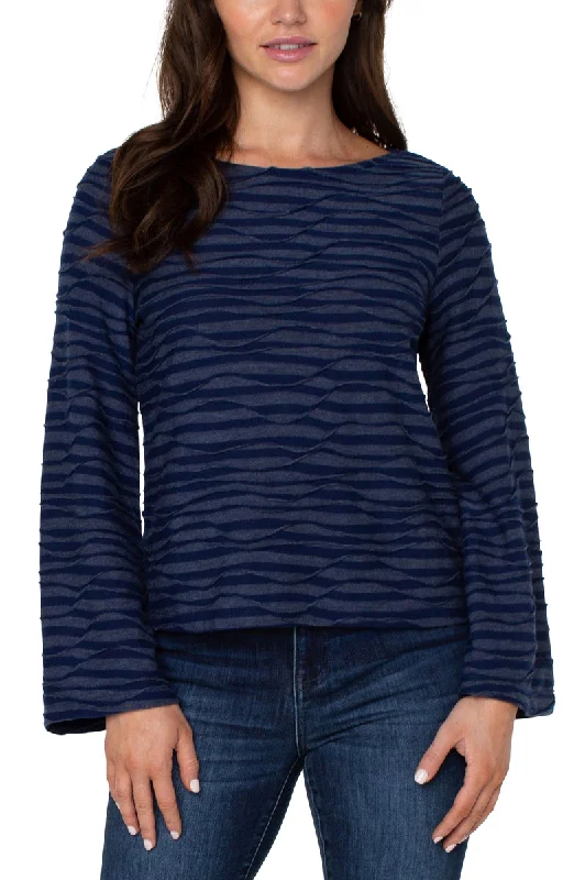 Liverpool's Long Flared Sleeve Boat Neck Knit Top (Navy Spacedye Stripe) Off Shoulder Knit Top Liverpool's Long Flared Sleeve Boat Neck Knit Top (Navy Spacedye Stripe) Off Shoulder Knit Top