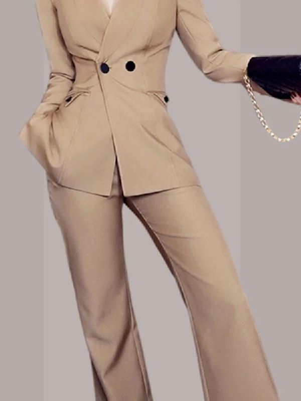 Women Business Pantsuit Formal Double Breasted Blazer Jacket and Long Pants 2 Pieces Set Female Outerwear Outfits Welt Pockets Slit Pockets Flap Pockets Welt Pockets Slit Pockets Flap Pockets