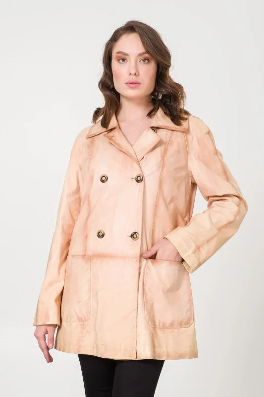 Cream Leather Coat Boat Shawl Notched