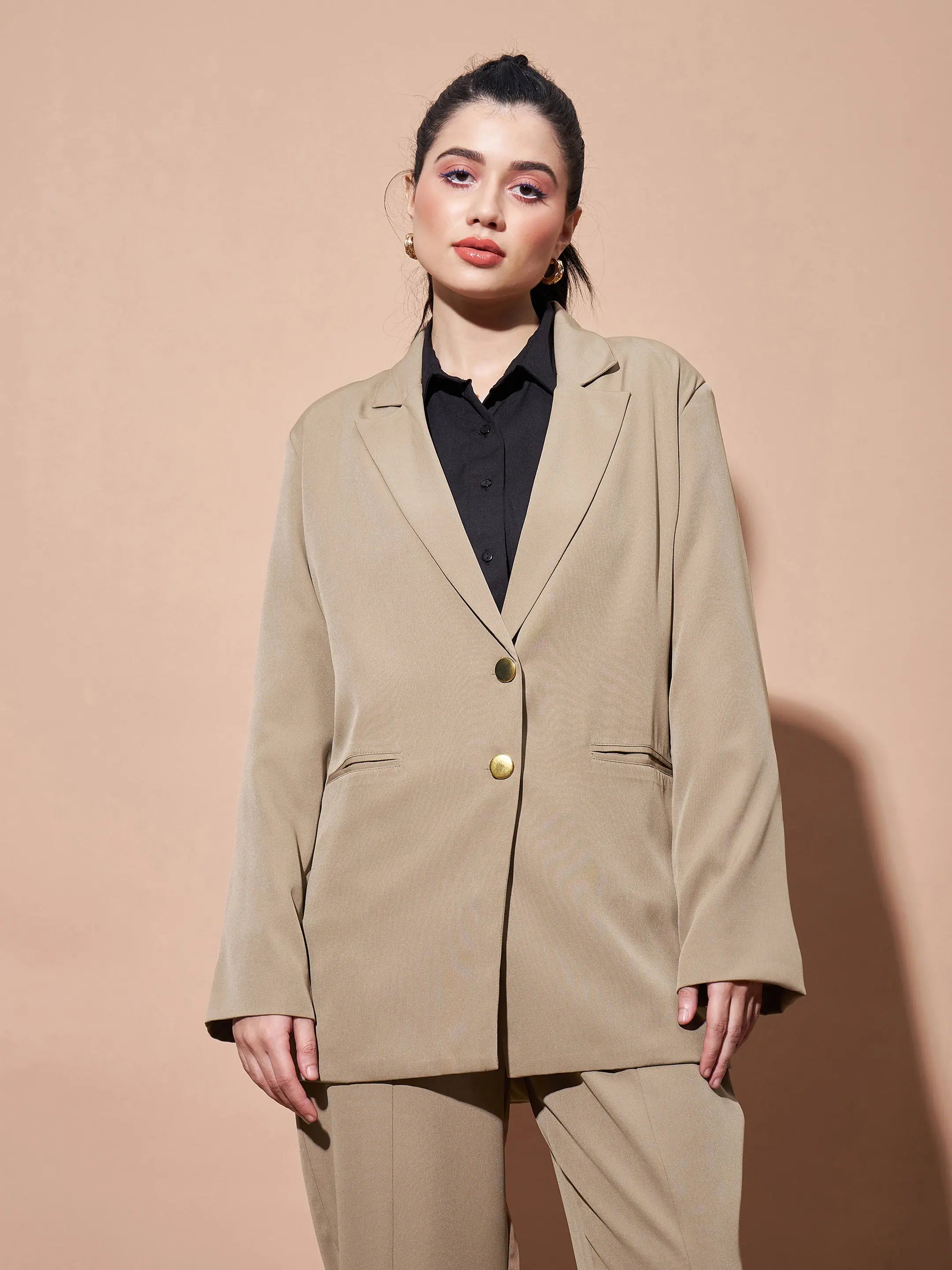 Women Beige Notch Collar Front Open Blazer Women's Boutique Jacket