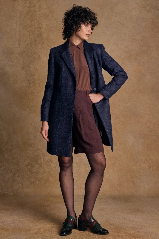 Isabella Tweed Coat - Navy Windowpane Trim Padded Insulated