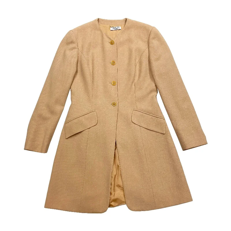 Marella Long Women's Wool Collarless Coat | Vintage Luxury Designer Beige VTG Fleece Down Feather Marella Long Women's Wool Collarless Coat | Vintage Luxury Designer Beige VTG Fleece Down Feather