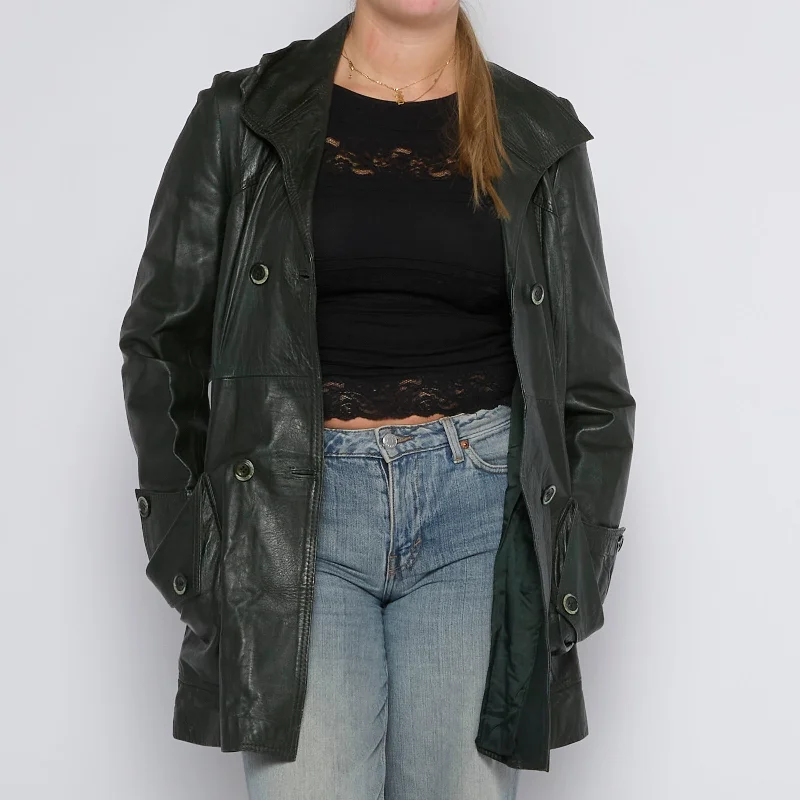 Double Breasted Oversized Leather Coat - UK 10 Trim Padded Insulated