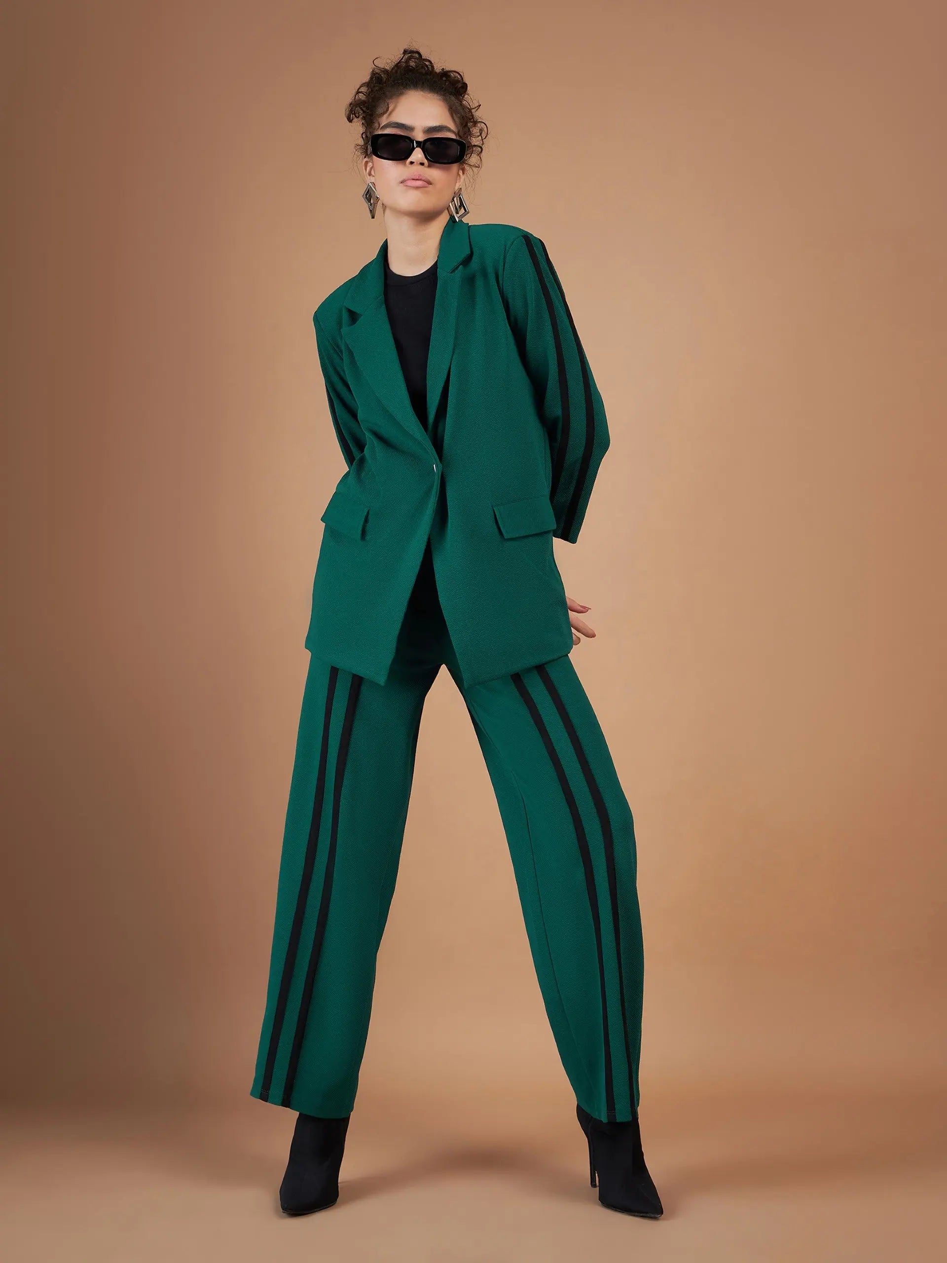 Women Emerald Contrast Tape Blazer With Straight Pants Women's Vacation Suit