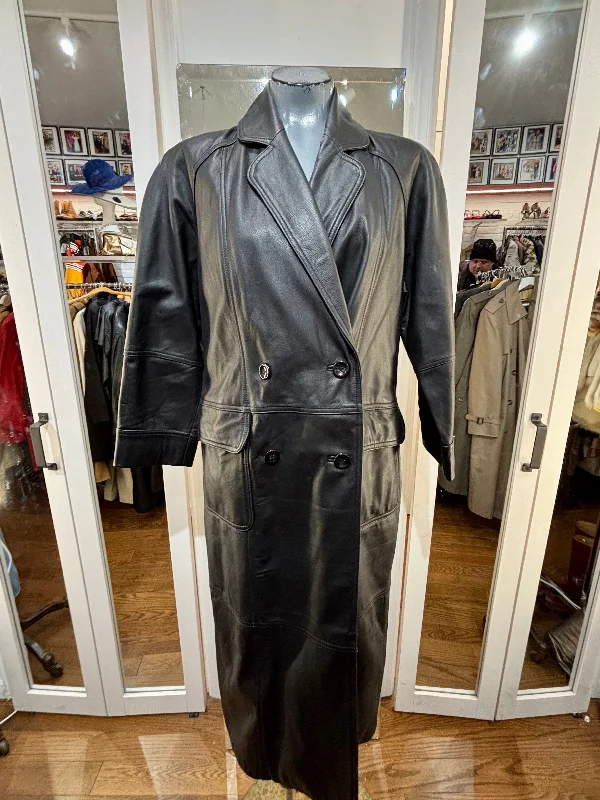 80’s Black Leather Long Coat By Together Quilted Jacket Anorak Windbreaker