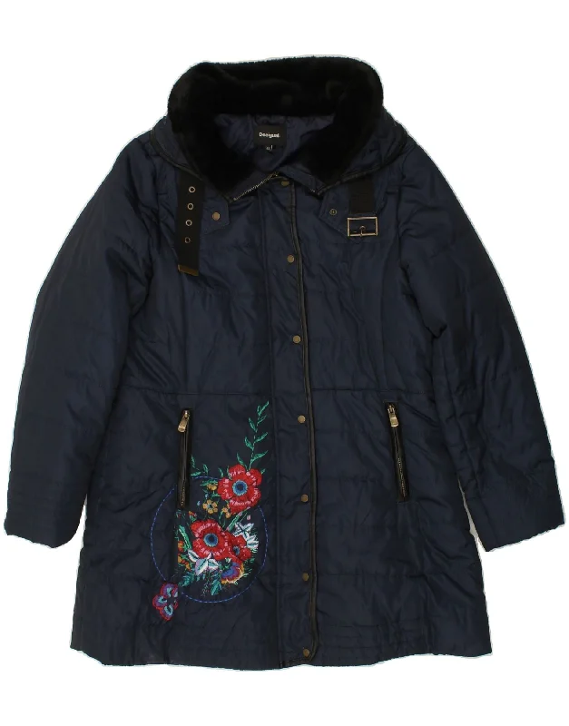 DESIGUAL Womens Graphic Padded Coat IT 46 Large Navy Blue Floral Polyester Wool Cashmere Tweed