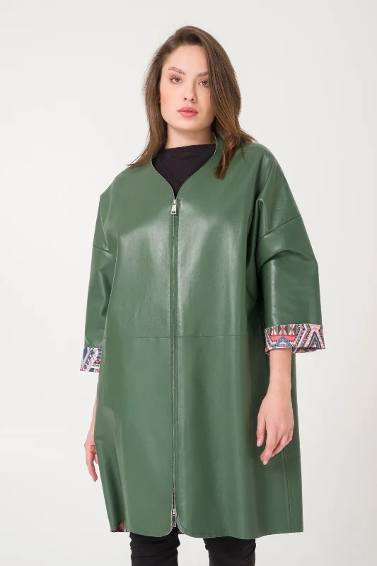 Dark Green Leather Coat Cotton Linen Terry