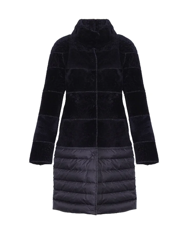 Black Long Shearling Coat Tweed Herringbone Houndstooth