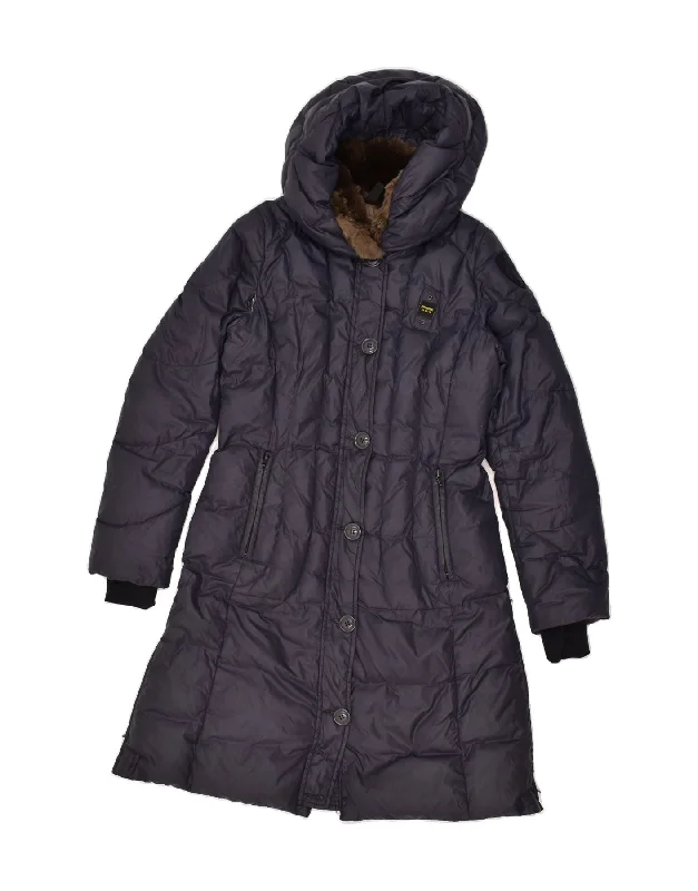 BLAUER Womens Hooded Padded Coat UK 6 XS Navy Blue Striped Polka Dot Floral