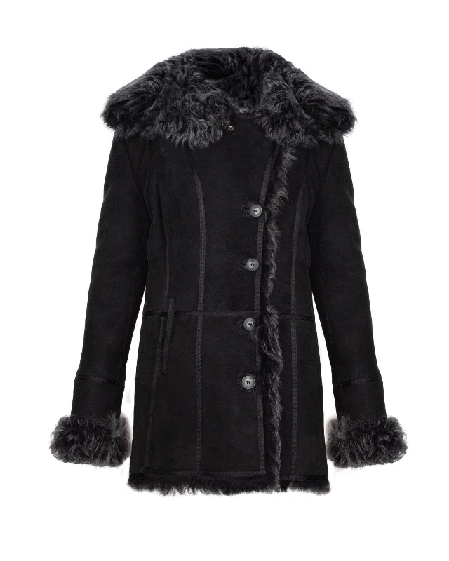 Black Suede Leather Coat Sequined Lace Ribbed