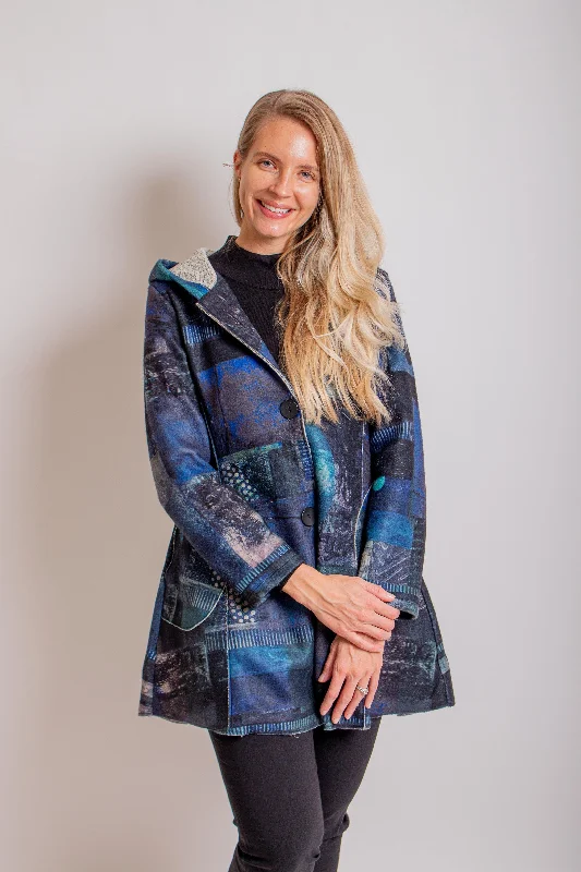 Blue Oil Painting Hooded Coat Anorak Windbreaker Fleece