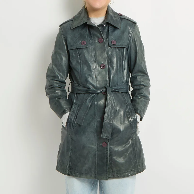 Belted Leather Trench Coat - UK 6 Parka Down Jacket Wool Coat