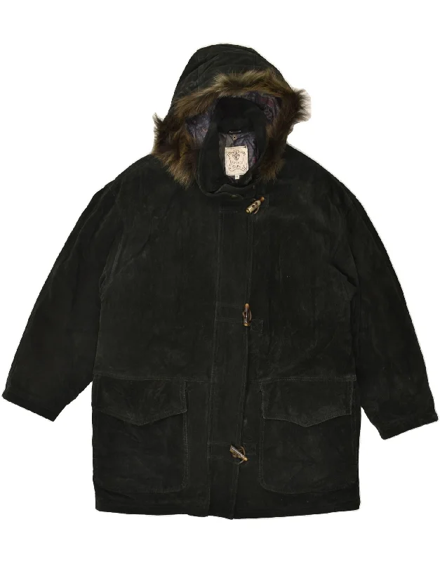 VINTAGE Womens Hooded Padded Leather Coat IT 44 Medium Green Leather Faux Fur Real Fur Shearling VINTAGE Womens Hooded Padded Leather Coat IT 44 Medium Green Leather Faux Fur Real Fur Shearling