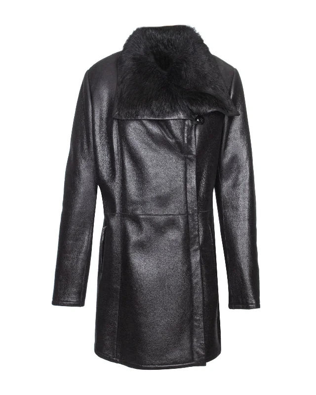 Black Leather Coat Asymmetrical Collar Hooded Zippered