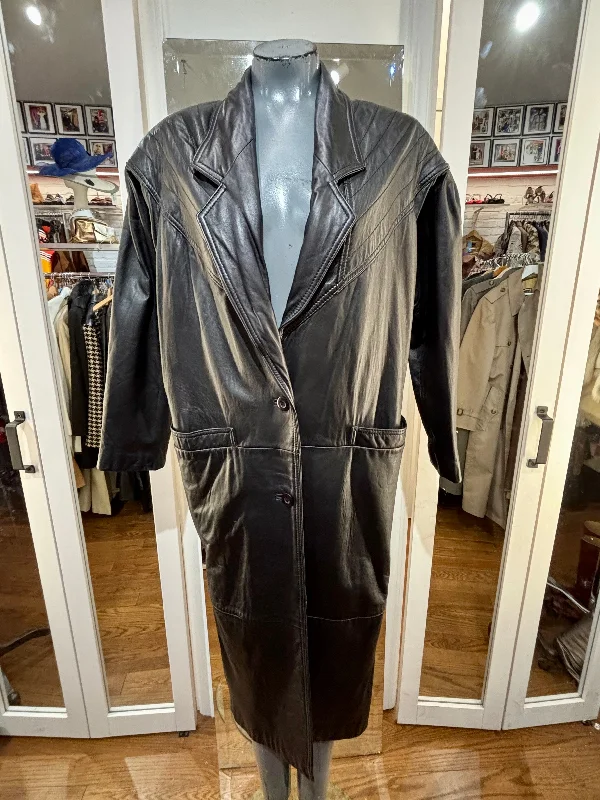 80’s Leather Long Coat By LNR Toggle Coat Shawl Collar Coat Notch Collar Coat