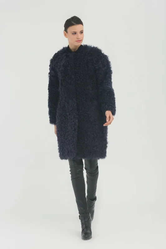 Navy Blue Shearling Coat Elasticated Drawstring Belted