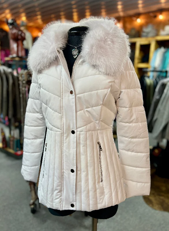 White Puffer Coat with Fur Trim Collared Crew Neck Turtle Neck