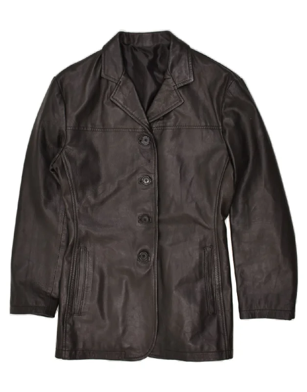 VINTAGE Womens Leather Coat UK 8 Small Black Solid Print Jacquard