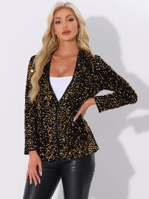 Long Sleeve Glitter Party Sequin Open Front Jacket Collared Jacket Crew Neck Jacket Turtle Neck Jacket Collared Jacket Crew Neck Jacket Turtle Neck Jacket