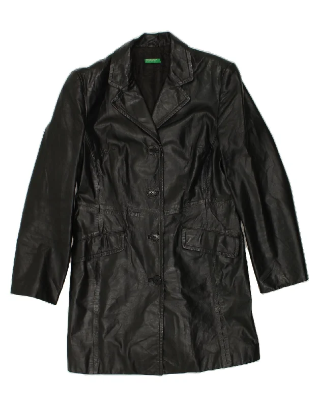 BENETTON Womens Leather Coat IT 44 Medium Black Leather Lapel Coat Peter Pan Collar Coat Cowl Neck Coat BENETTON Womens Leather Coat IT 44 Medium Black Leather Lapel Coat Peter Pan Collar Coat Cowl Neck Coat
