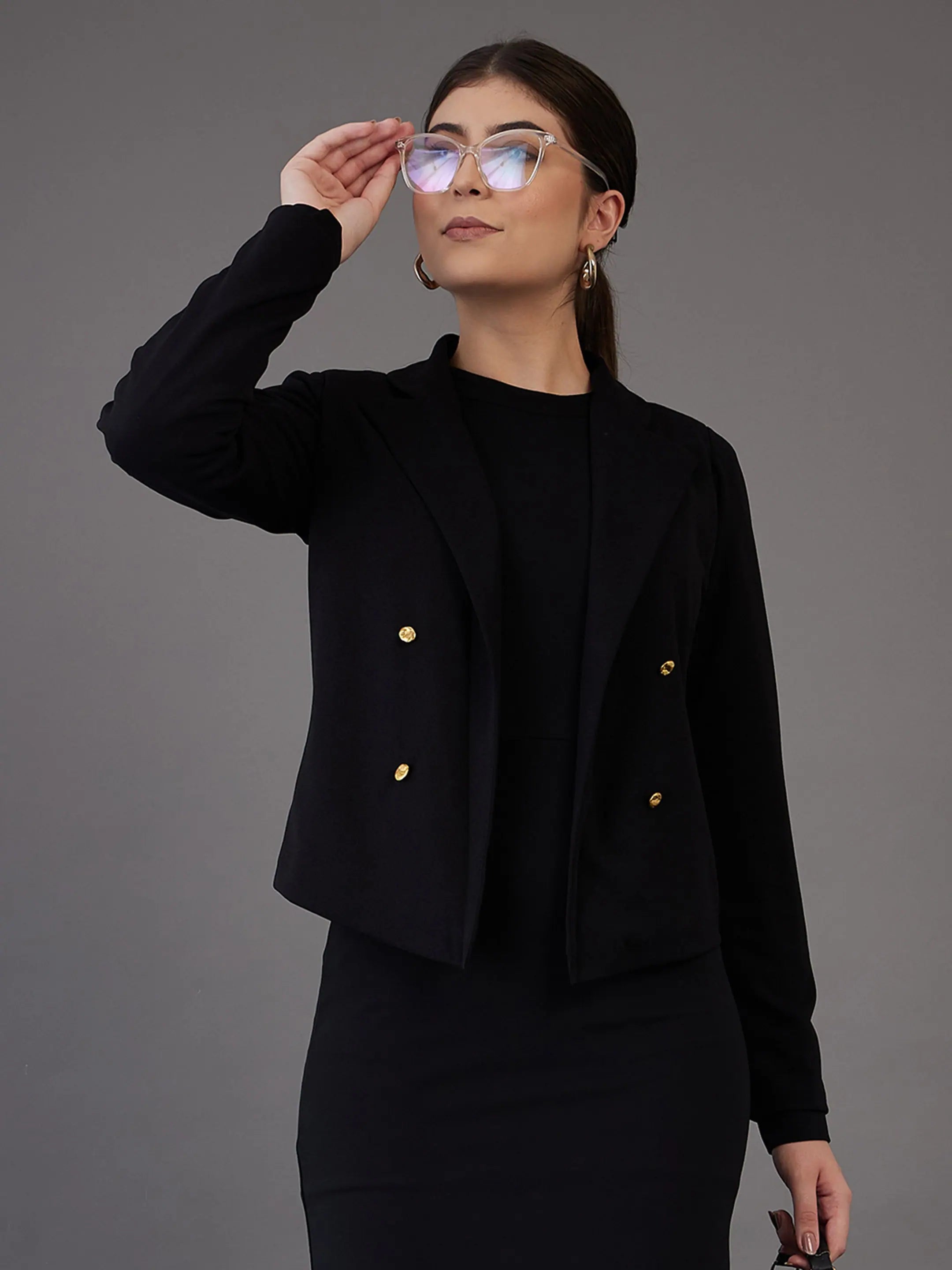 Women Black Notch Collar Single-Breasted Blazer Women's Unique Blazer